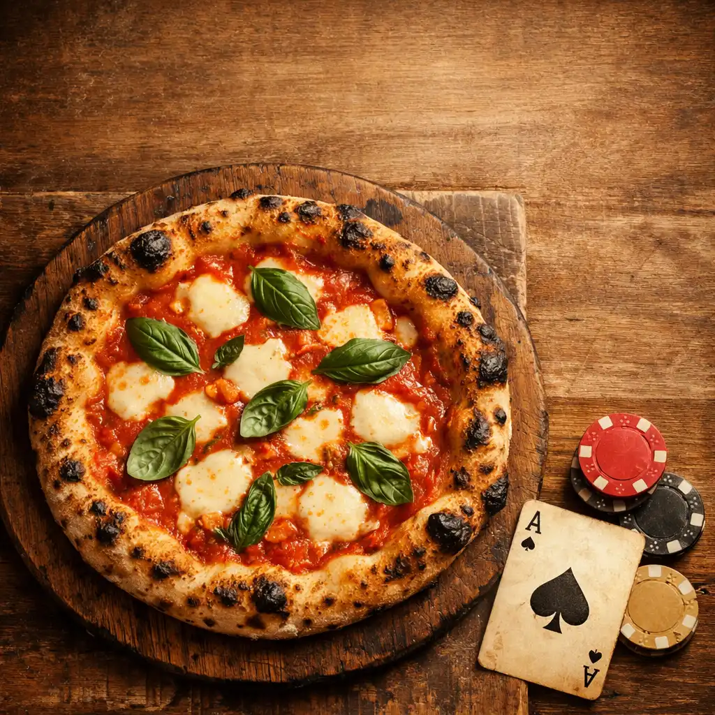 Wood-fired margherita pizza with a poker card and chips beside it