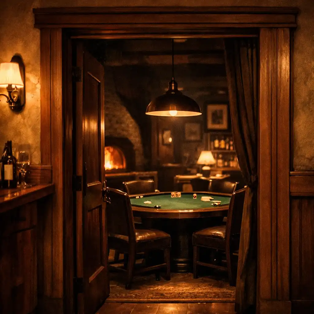 A warm doorway leading into the card room, with a wood-fired oven glowing in the background