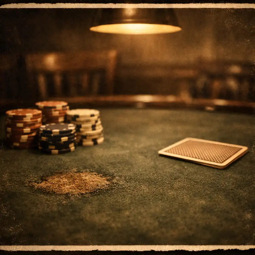 A dimly lit poker table with deep green felt, uneven stacks of clay chips, and a single face-down card