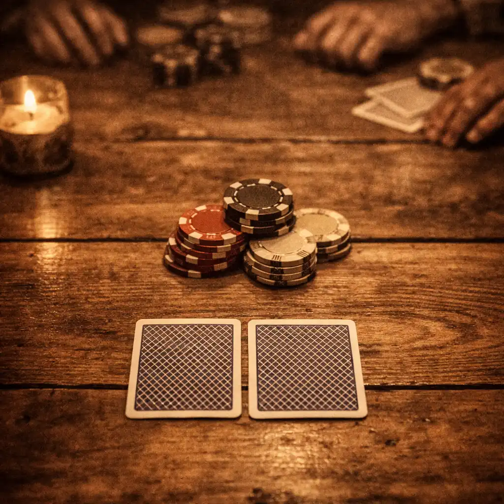 A top-down view of a Texas Hold'em hand with two face-down cards and a small pile of chips pushed forward