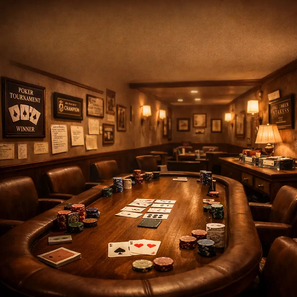 Warmly lit card room set for an evening of social poker