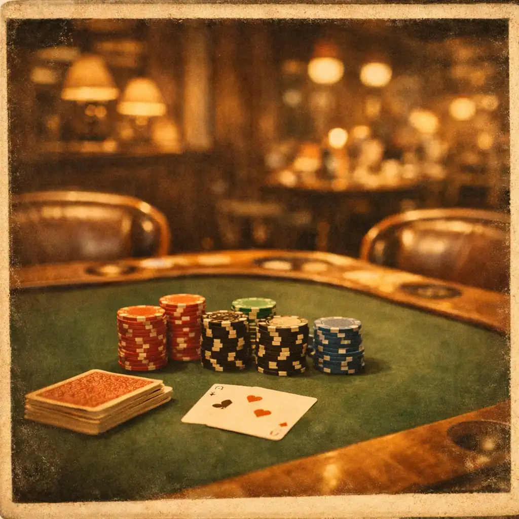 Warm view of the Chance and Cinder card room with a wooden poker table, colorful chips, and soft pendant lighting