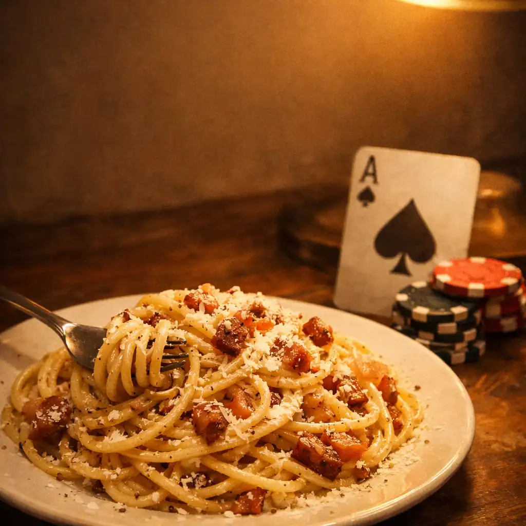 Spaghetti carbonara with a fork, poker card, and chips