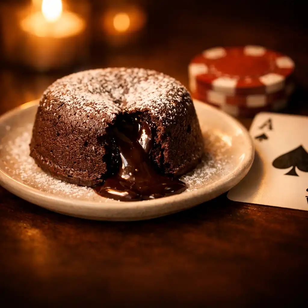 Chocolate fondant dessert with a poker chip and playing card next to it