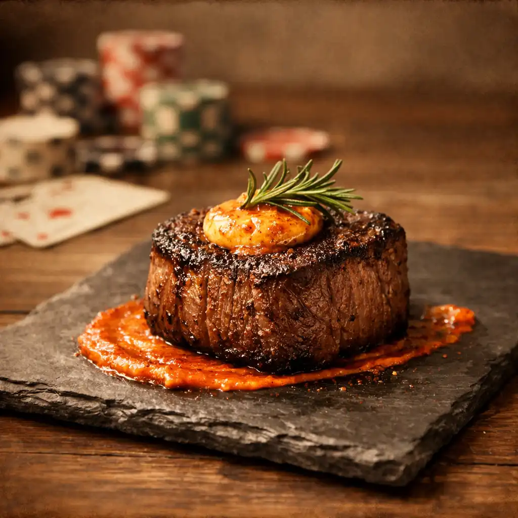 Cinder Steak served on a slate board with smoked paprika butter and rosemary