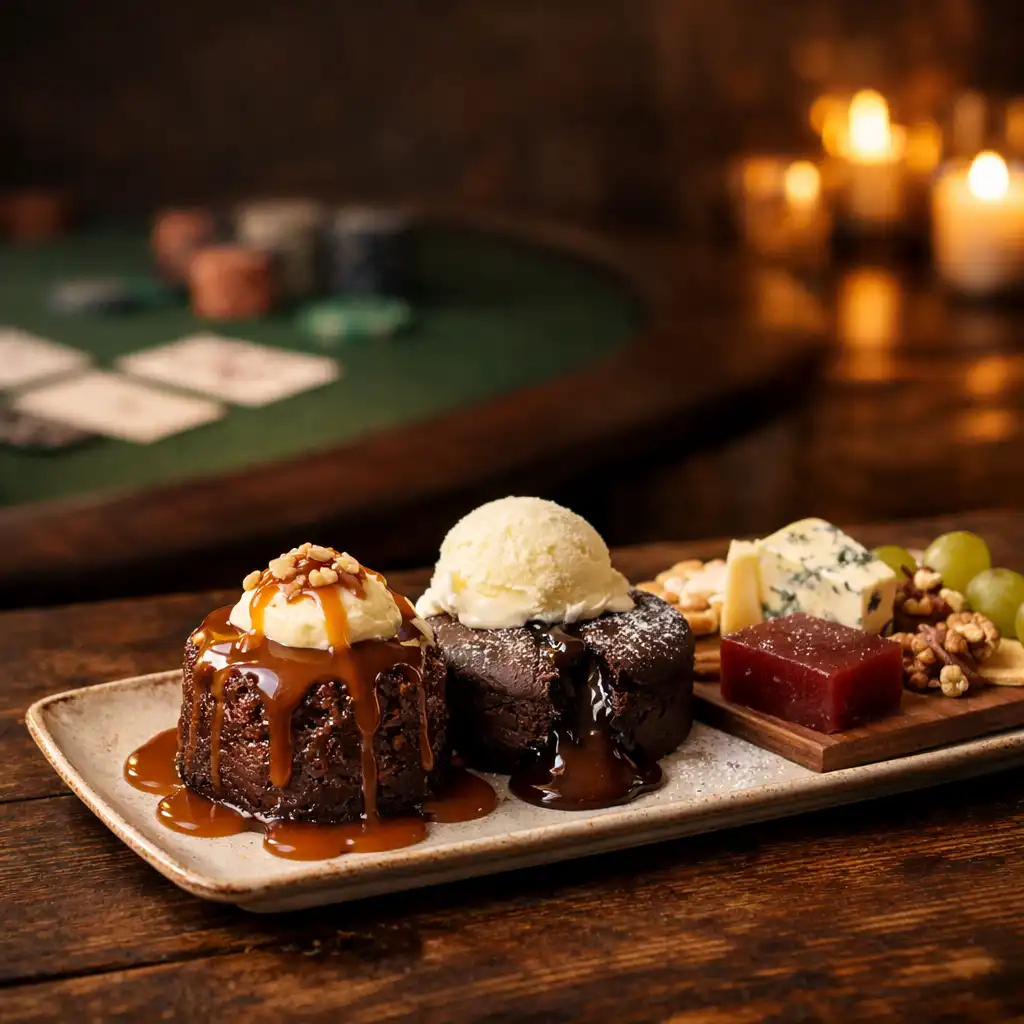 Dessert platter with sticky date pudding, chocolate fondant, and cheese board