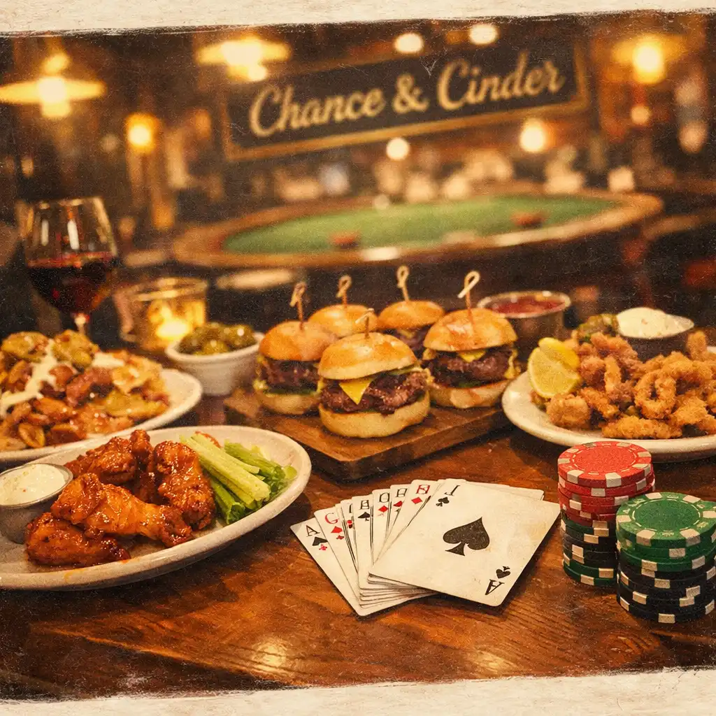 A dinner table with shared plates, playing cards, and poker chips