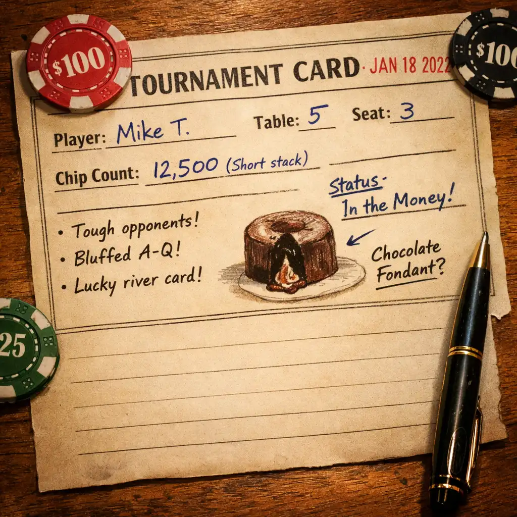 Annotated high roller tournament card with handwritten notes, date stamp, and a sketch of chocolate fondant