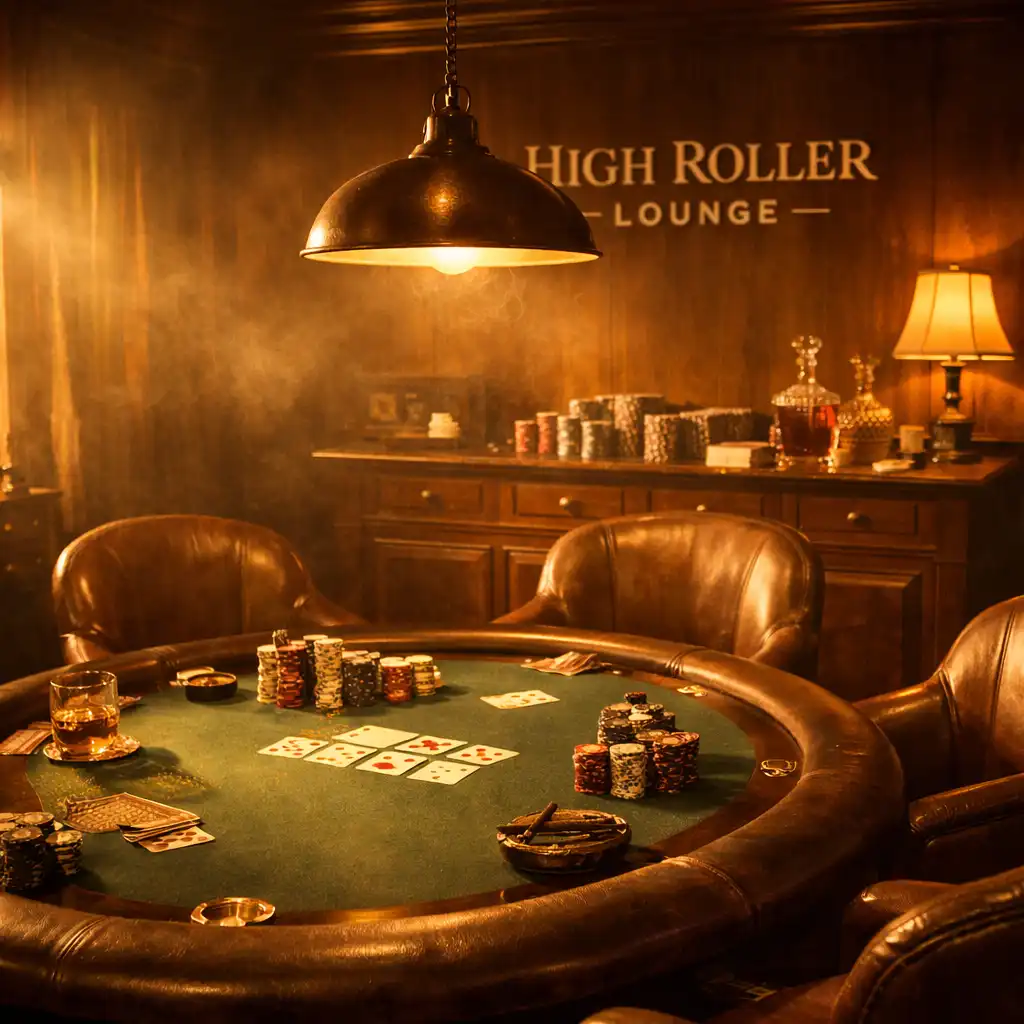 Warm golden-hour ambiance of the High Roller Lounge with poker table and leather chairs