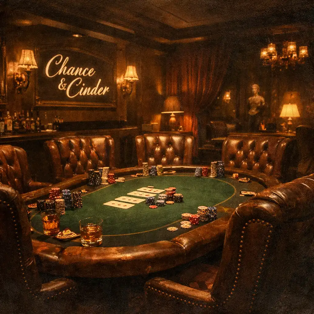 The high-roller lounge with plush leather chairs and a dedicated poker table