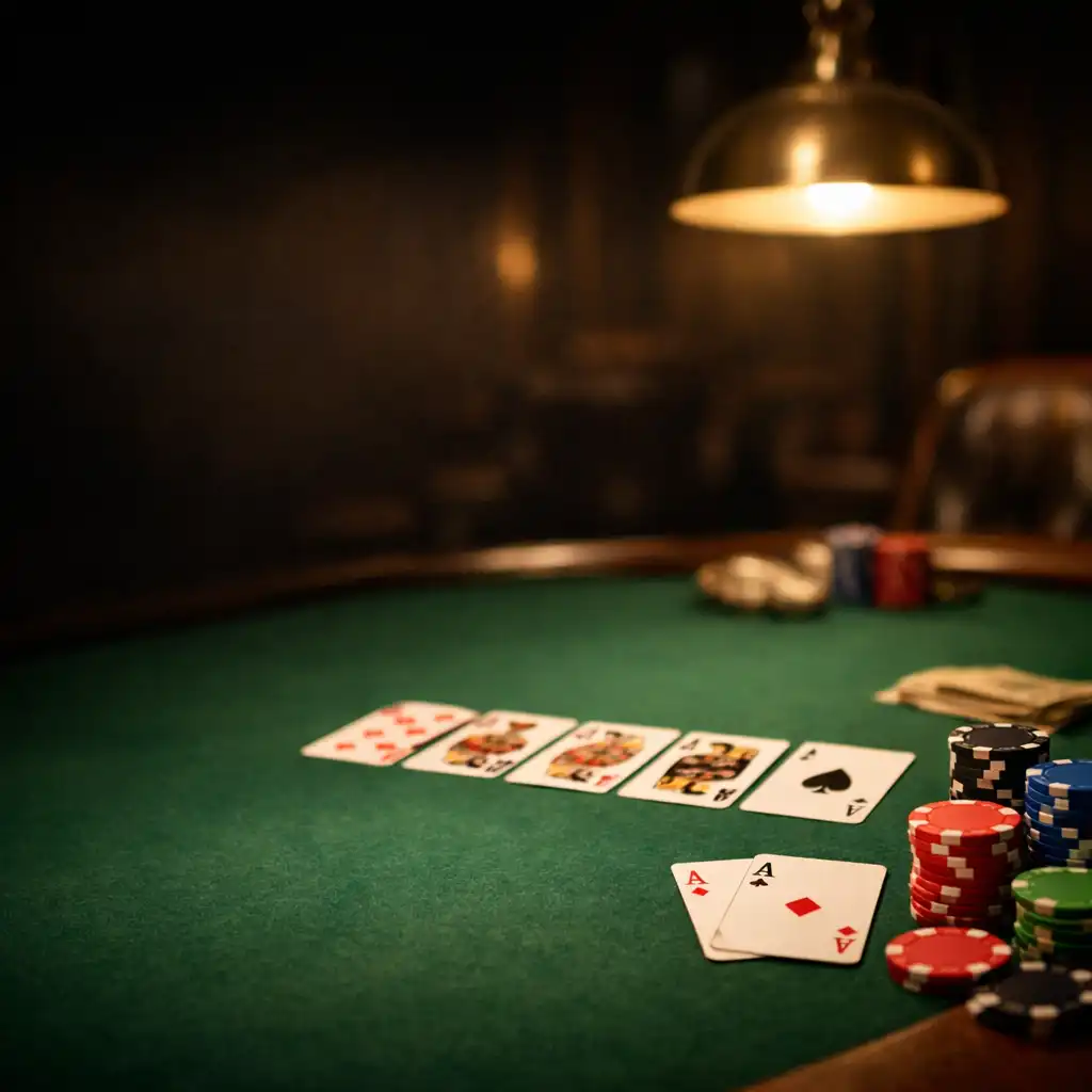 Close-up of the high roller poker table with cards and chips under warm pendant light
