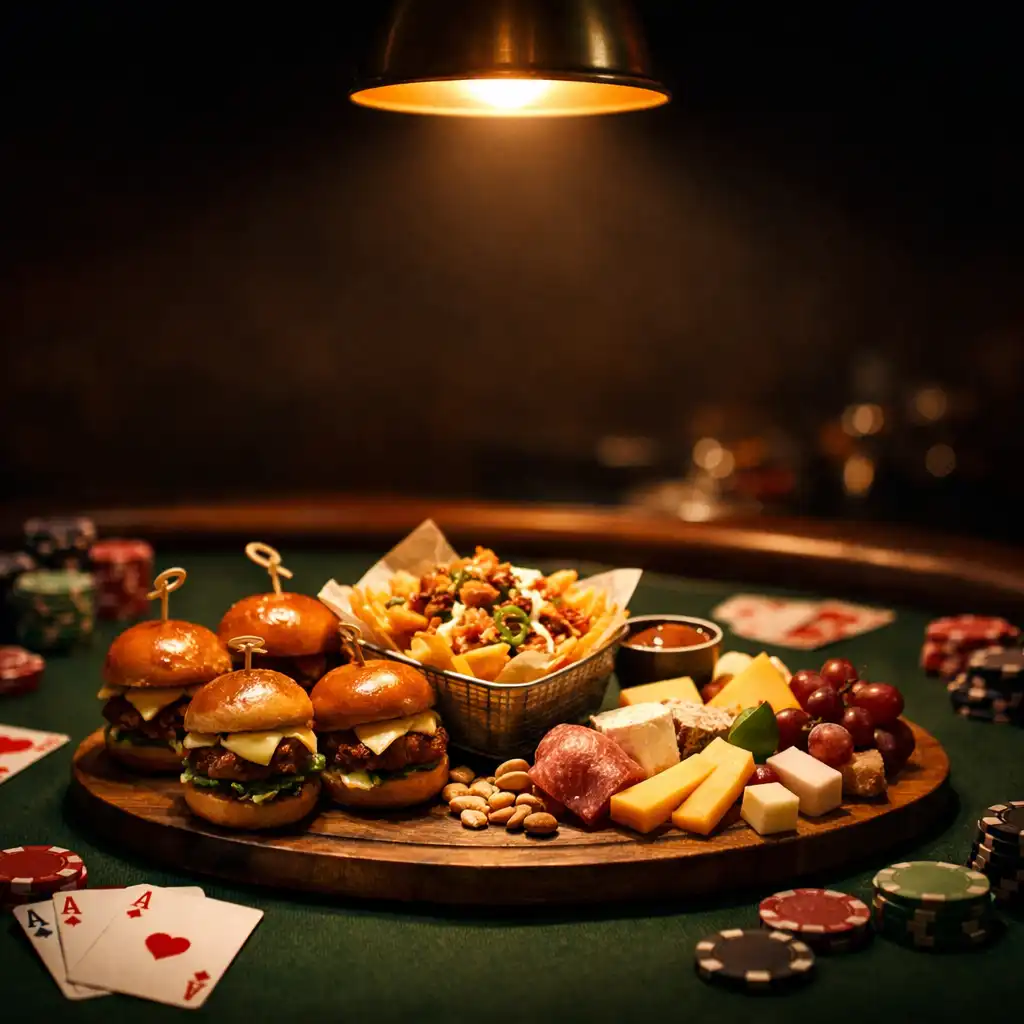 Late-night snack platter with mini sliders, loaded fries, and cheese board on a poker table