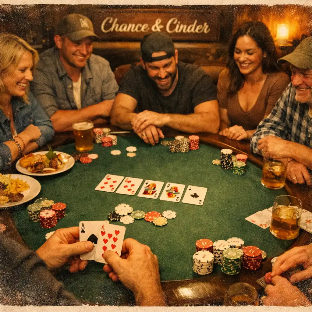 Candid photo of players smiling and chatting around a poker table at Chance and Cinder, with food and drinks on side tables