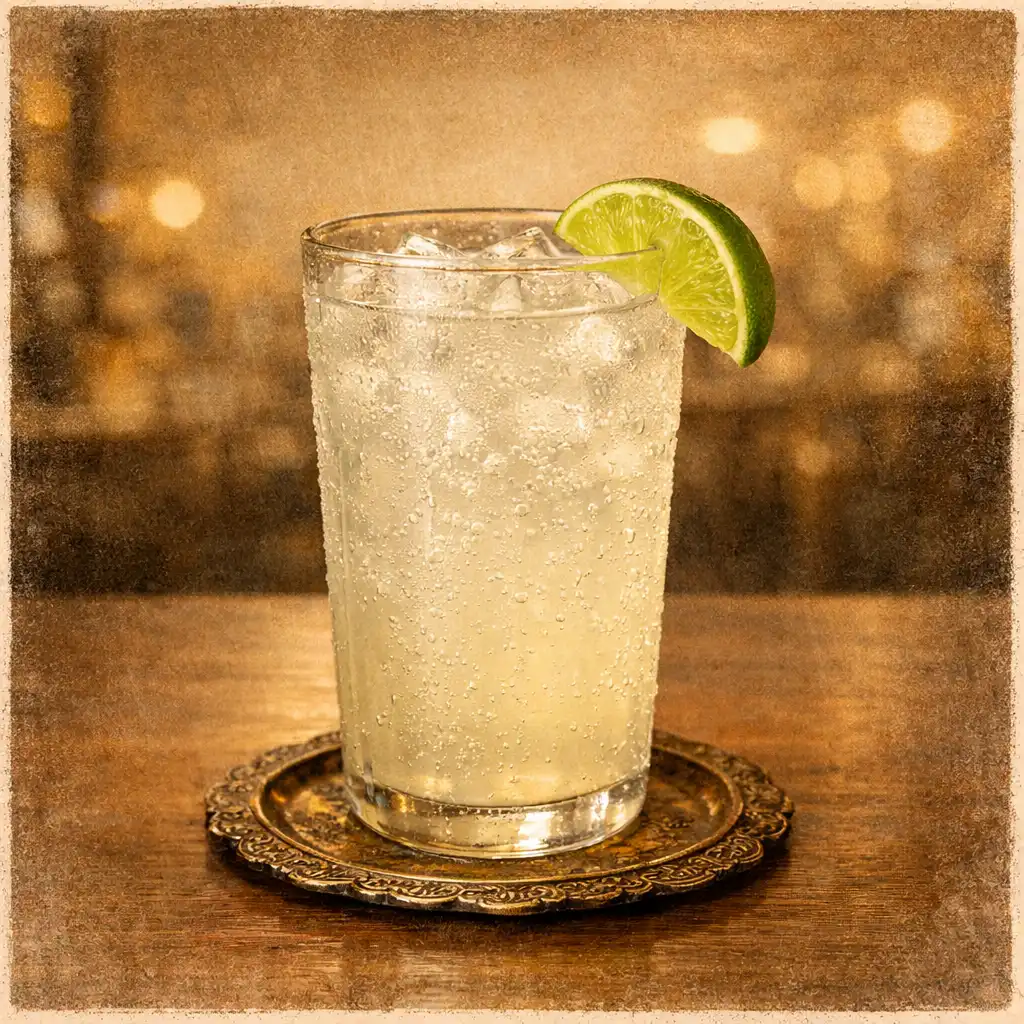 A glass of house-made ginger and lime soda on a vintage coaster
