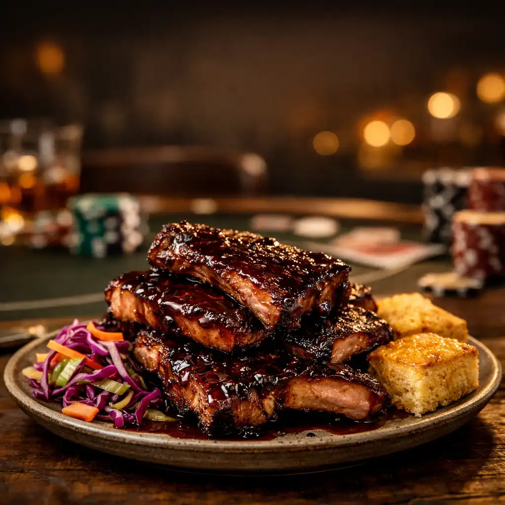 Smoked pork ribs with bourbon barbecue sauce, pickled slaw, and cornbread