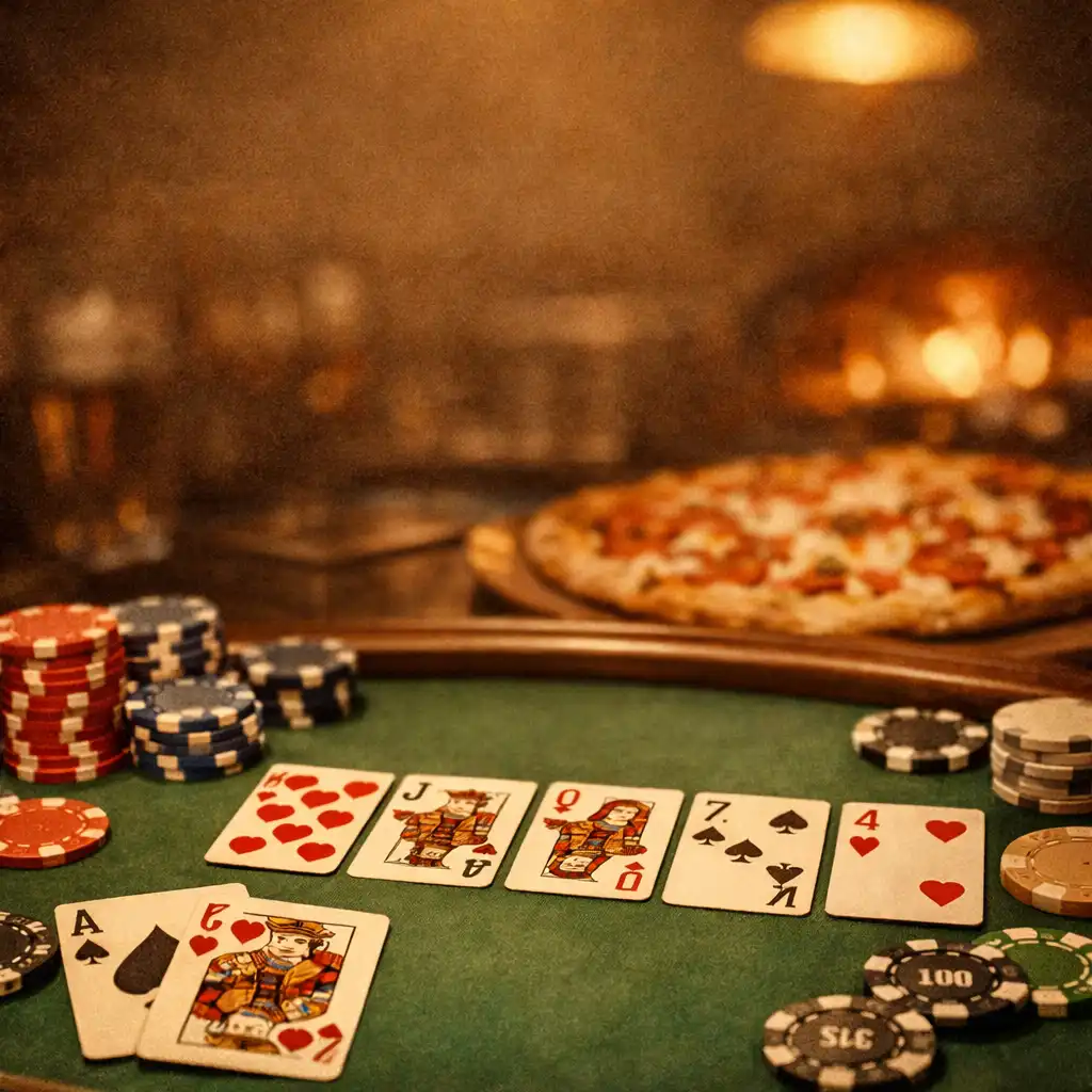 A warm Texas Hold'em poker table with cards, chips, and a wood-fired pizza in the background at Chance and Cinder