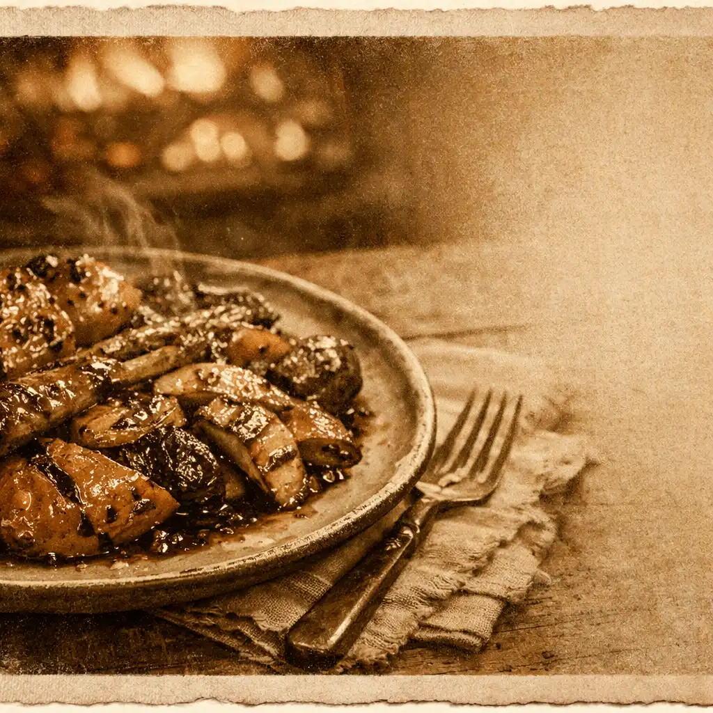A wood-fired dish with charred vegetables on a rustic ceramic plate
