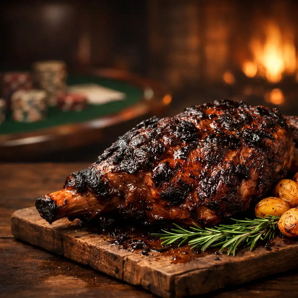 Charred lamb shoulder on a rustic wooden board with rosemary and roasted potatoes