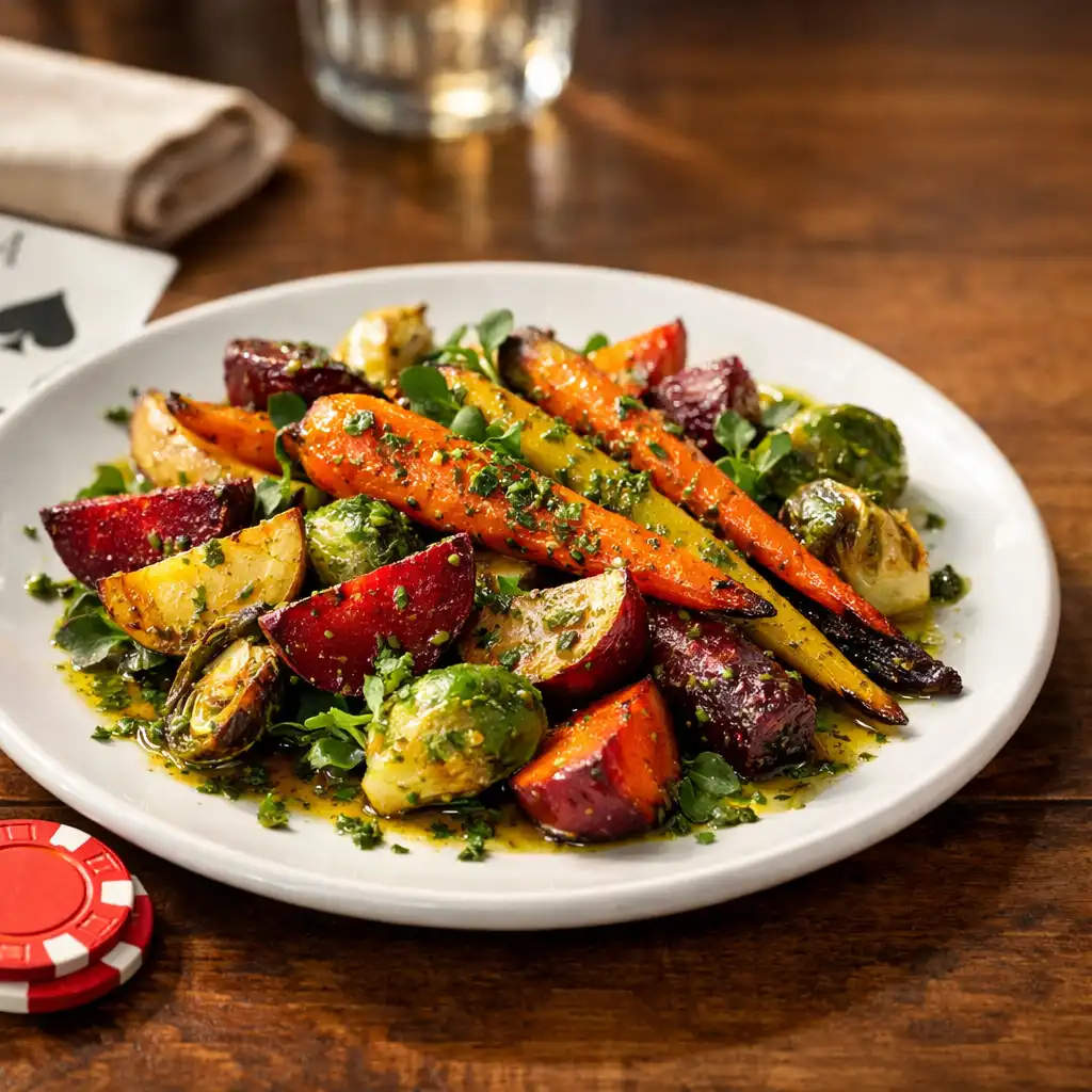 Wood-roasted seasonal vegetables drizzled with herb oil on a white plate